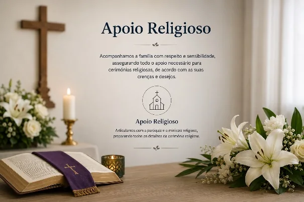 Apoio religioso com flores, vela e livro de cerimónia